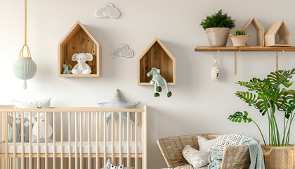 Stylish baby room interior design with house shaped shelves