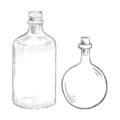 Hand drawn black pencil set of bottles isolated on white background. Marine illustration can be used for card, label, invitation and other printed products.