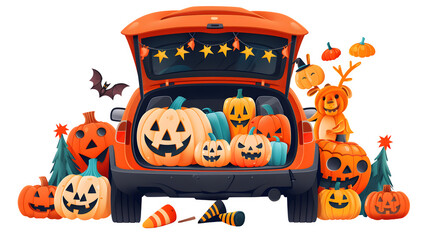 Halloween trunk or treat, festive car decorations, spooky vehicle treats, community Halloween event, holiday celebration, trunk-or-treating, png file, isolated on white