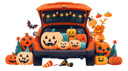 Halloween trunk or treat, festive car decorations, spooky vehicle treats, community Halloween event, holiday celebration, trunk-or-treating, png file, isolated on white