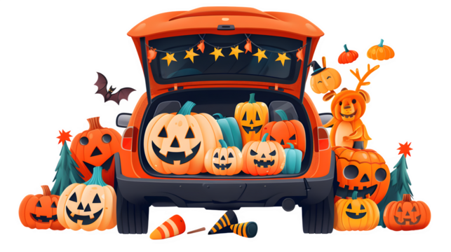 Halloween trunk or treat, festive car decorations, spooky vehicle treats, community Halloween event, holiday celebration, trunk-or-treating, png file, isolated on white