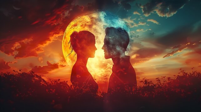 Man and woman silhouettes against an abstract cosmic background Representing the spiritual connection between human souls Love And the mysteries of the universe