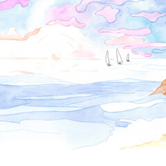 Hand drawn watercolor landscape with sea sunset and boats isolated on white background. Can be used for cards, poster and other printed products.