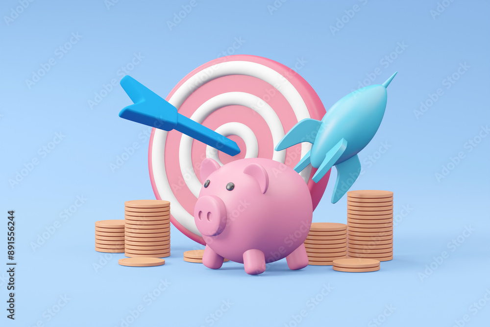 Aufkleber 3d render featuring a piggy bank, a stack of coins, a dartboard, darts, and a rocket. this image com