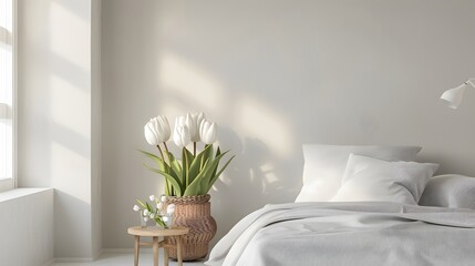 White tulips in a vase , bed room , white background , minimal , flower