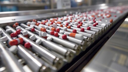 Obraz premium Close-Up of Pharmaceutical Pills on a Production Line Perspective - Industrial Manufacturing and Medicine Concept