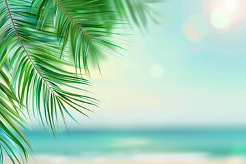 Obraz premium Green palm leaf on tropical sand beach with blurred blue sea with bokeh sun light. Summer vacation and travel concept. Background for card, banner, poster with copy space