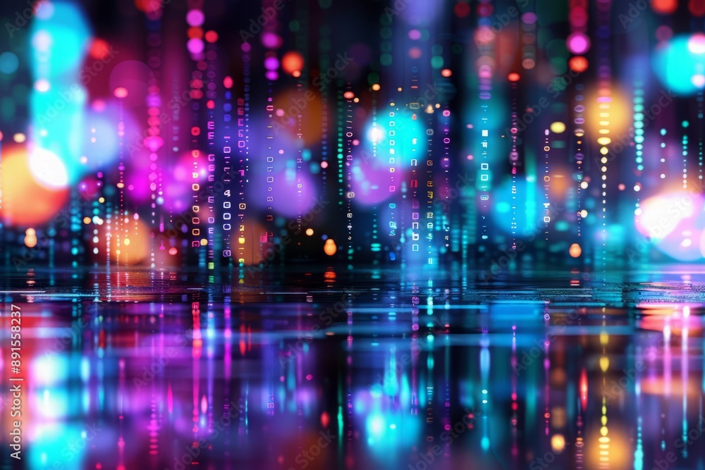 Poster abstract digital background with vibrant, glowing lights and bokeh effects, perfect for tech and fut