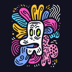 Abstract doodle of a white creature with green eyes surrounded by colorful shapes.
