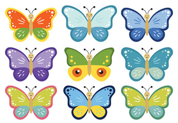 Cute butterfly kids cartoon character. Vector illustration isolated on white background. Color insect clipart. Baby shower design elements. Party invitation, birthday celebration. Spring, summer decor