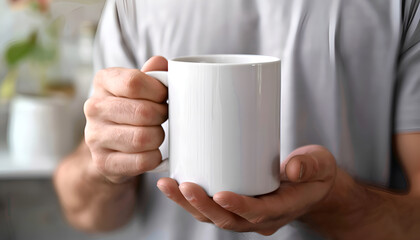 Man holding white mug indoors, closeup. Mockup for design