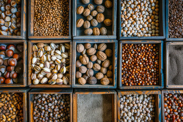 A variety of nuts and seeds are displayed in wooden boxes