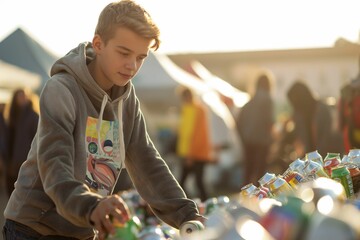 Teen boy actively participating in recycling at a community event, sorting plastic bottles and cans into bins, promoting environmental awareness and sustainability among local residents in an outdoor 