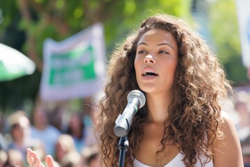 Young woman with a microphone passionately speaking at a rally, addressing a large crowd of protesters with signs and banners, advocating for social change and justice in an urban environment.