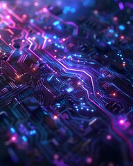 Fototapeta premium Futuristic Digital Circuit Board Neon Technology Glow. AI Generated
