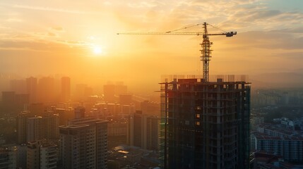 Fototapeta premium Building under construction, crane and building construction site on sunset daytime, industrial development
