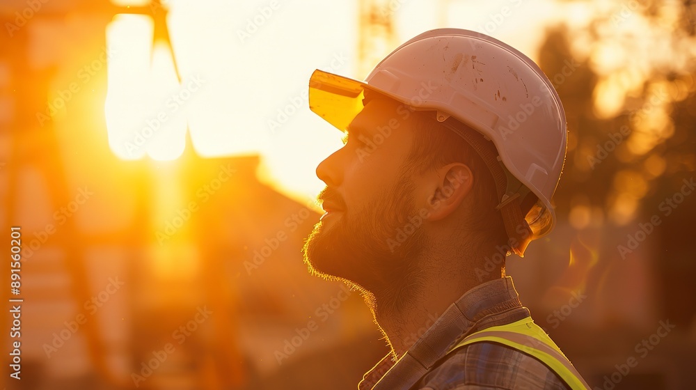 Poster profile of a sweaty construction worker with sunset backlight creating a warm glow.