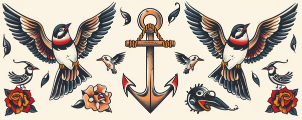 Traditional Tattoo Flash Birds, Anchor, and Roses, traditional tattoo, flash art, tattoo design, old school tattoo