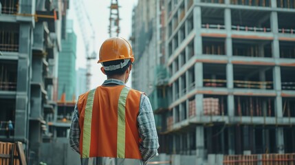 Back view of construction engineer in standard safety looking at the building in the construction site 
