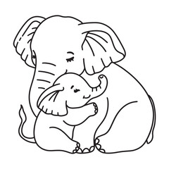 Line art of baby elephant hug mother elephant cartoon vector