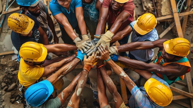 Group of male and female construction workers show unity at the construction site