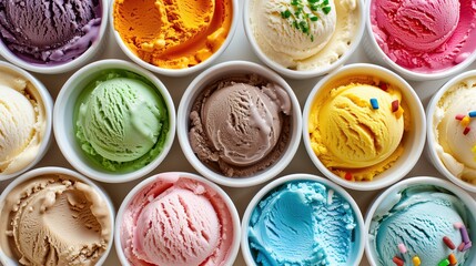 colorful assorted flavors of ice cream in individual bowls arranged in rows top view background