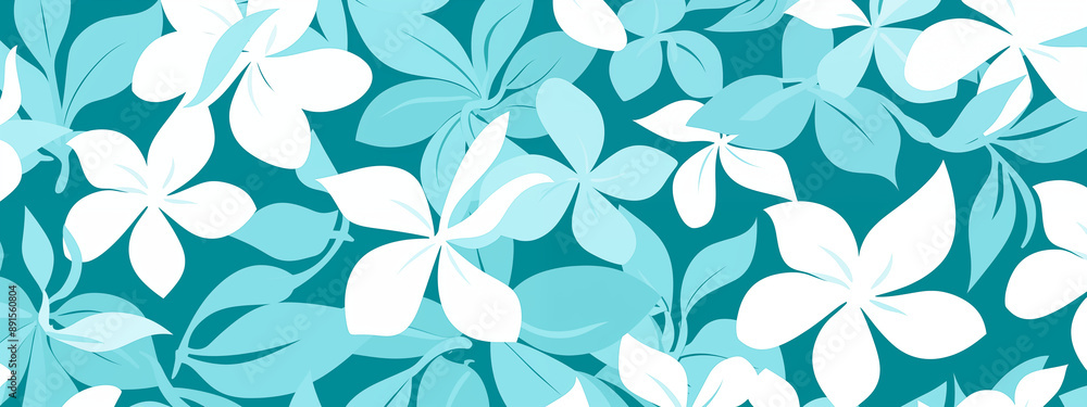 Poster Seamless Pattern with Tropical White and Blue Flowers on Teal Background