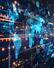 Fototapeta premium global digital world map data network technology background. AI Generated