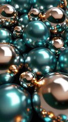 Elegant 3D arrangement of metallic teal and zinc metaballs, with matte gold highlights softly illuminating their surfaces, forming a modern abstract background
