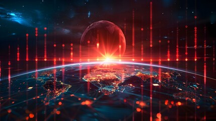 Obraz premium Futuristic Digital Earth Red Data Transmission Sci-fi Sunset. AI Generated