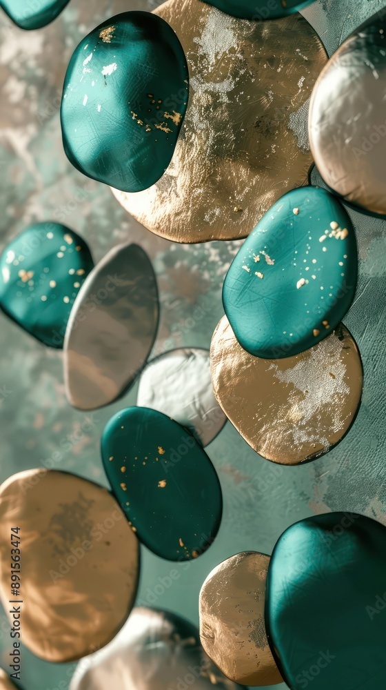 Poster floating metallic blobs in rich teal green and zinc, with delicate matte gold touches, arranged in a