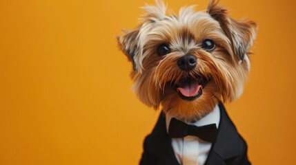 A small dog is wearing a black suit and tie