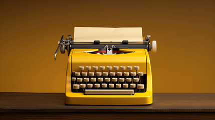 Retro Yellow Typewriter on Wooden Desk with Paper Ready for Writ