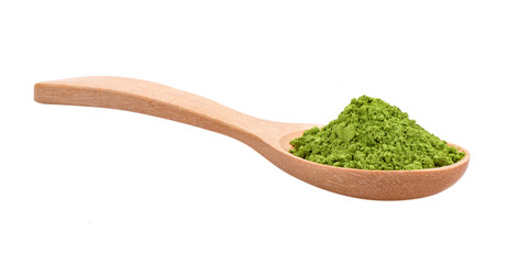 matcha green tea powder in wood spoon on transparent png
