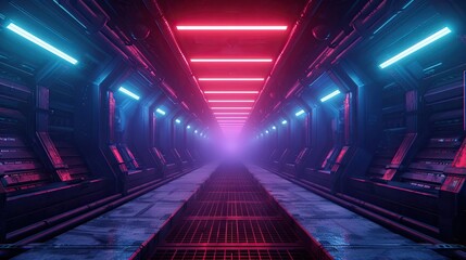 Futuristic neon-lit corridor with blue and red lights leading to a bright light at the end, creating a cyberpunk atmosphere.