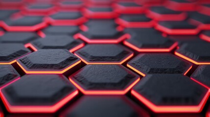 Obraz premium Futuristic hexagonal pattern with glowing red edges, creating a modern and high-tech aesthetic with a sense of depth and innovation.