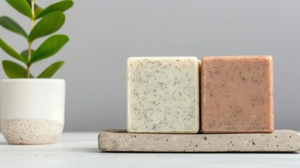 Handcrafted natural soap bars on a minimalist stone tray with a potted plant in the background, promoting eco-friendly skincare products.
