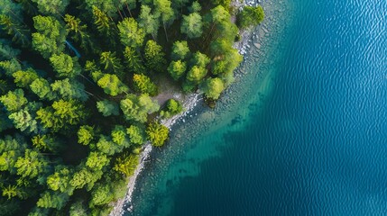 An aerial view of a blue lake with a stony shore and green woods, including pine trees, in summer in Finland.