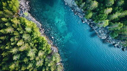 An aerial view of a blue lake with a stony shore and green woods, including pine trees, in summer in Finland.