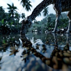 Fototapeta premium Camarasaurus drinking from a river with lush surroundings, stunningly lifelike, [Dinosaur], [Jurassic Hydration]