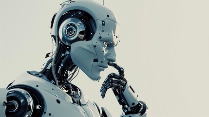 Thinking Robot
Description: Futuristic robot with mechanical features in a thoughtful pose.