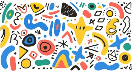 A fun and colorful set of abstract line doodle shapes, featuring creative minimalist art symbols. Perfect for children&rsquo;s designs or party celebrations with modern shapes.