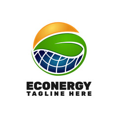 This logo is for an eco energy company. It features sun and a solar panel and a green leaf inside a circle.