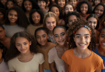 Obraz premium A large group of young multiethnic women, standing close together, are smiling happily. They are wearing warm, neutral-colored T-shirts. A feeling of joy, unity and diversity among the group.