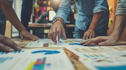 Obraz premium A business team collaborates to discuss, work on, and analyze financial data and marketing growth reports. They present and brainstorm strategies for planning and making a profit for the company.