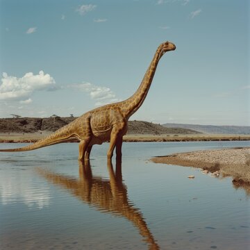 Mamenchisaurus crossing a river with its long neck extended, highly realistic, [Dinosaur], [Jurassic Giants]