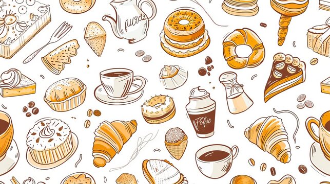 A bakery and dessert pattern featuring line-drawn coffee cups, tea cups, cakes, and croissants. The seamless border showcases breakfast foods in a doodle style.