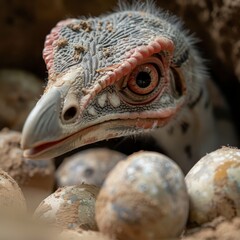 Gigantoraptor in a nesting area with eggs, beautifully detailed and lifelike, [Dinosaur], [Prehistoric Nesting]