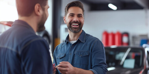 Colleagues laugh and chat in an auto garage, surrounded by repair tools and equipment.