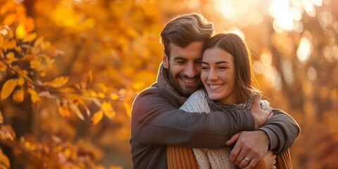 Fototapeta premium A cheerful couple hugs in an autumn park, surrounded by vibrant fall colors.